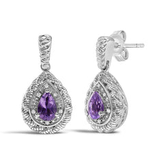 Sterling Silver Pear Cut Amethyst and Diamond Accent Teardrop Drop Earrings