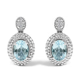 .925 Sterling Silver Diamond Accent and Oval Blue Topaz with Beaded Halo Drop Stud Earrings (I-J color, I1-I2 Clarity)