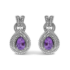 Sterling Silver Pear Cut Amethyst and Diamond Accent Teardrop Stud Earrings