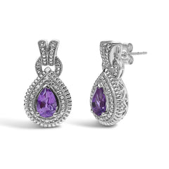 Sterling Silver Pear Cut Amethyst and Diamond Accent Teardrop Stud Earrings