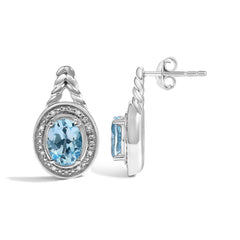 Sterling Silver Oval Blue Topaz and Diamond Accent Twist and Halo Drop Earrings