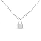 .925 Sterling Silver 1/10 Cttw Round Diamond Lock Pendant Paperclip Chin Necklace (H-I Color, SI1-SI2 Clarity)
