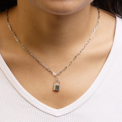 .925 Sterling Silver 1/10 Cttw Round Diamond Lock Pendant Paperclip Chin Necklace (H-I Color, SI1-SI2 Clarity)
