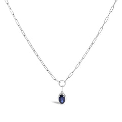 10K White Gold 6x4 mm Oval Blue Sapphire Solitaire Paperclip Pendant Necklace - 18" Inches
