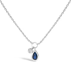 10K White Gold 6x4 mm Pear Blue Sapphire and Diamond Accent Charm Pendant Necklace - 18" Inches