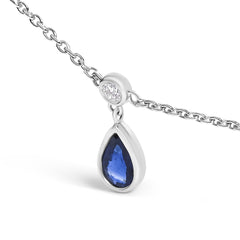 10K White Gold Dangling 5x3 mm Pear Blue Sapphire and Diamond Station Necklace - 18" Inches