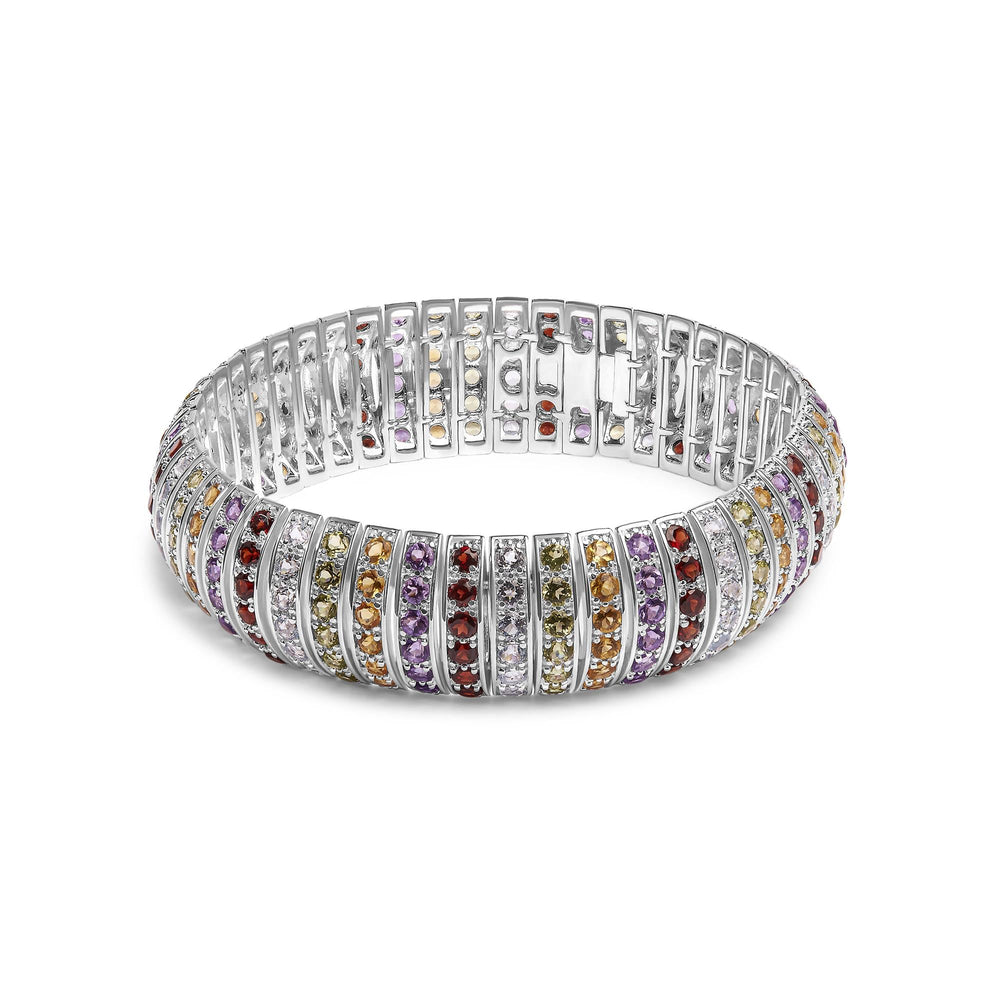 .925 Sterling Silver Multi Row Rainbow Gemstone Bangle Bracelet - 7.5" Inches