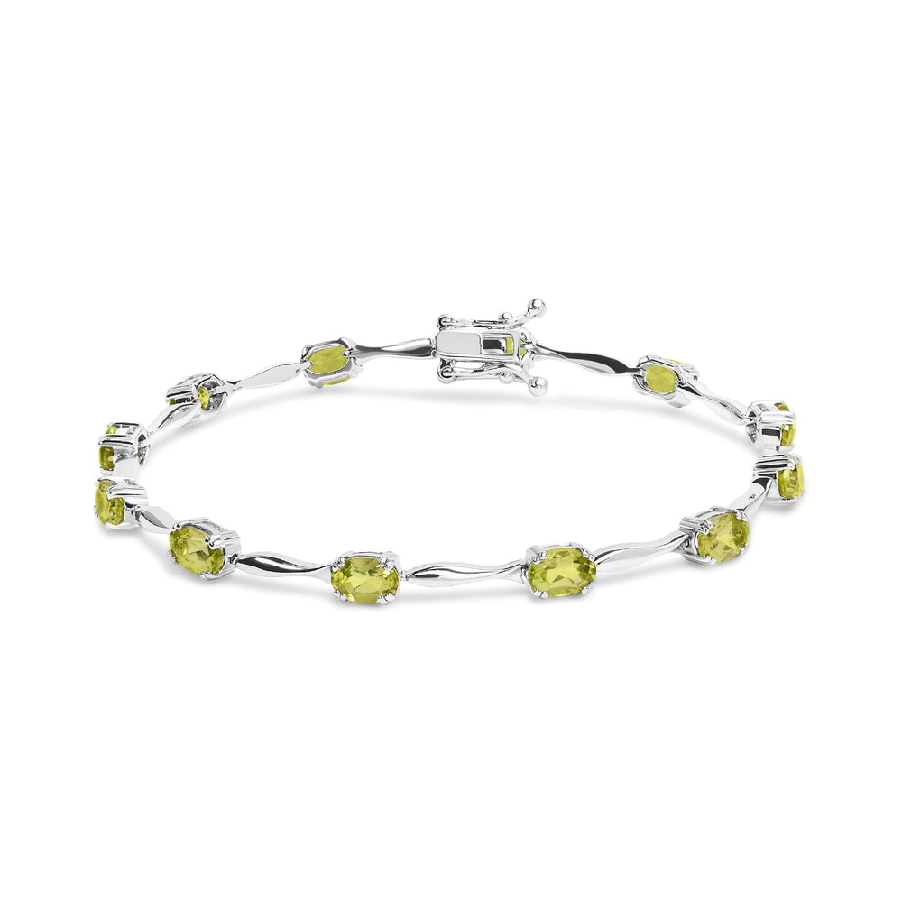 .925 Sterling Silver 5 1/2 Cttw Oval Shaped Created Green Peridot Link Bracelet - 7" Inches