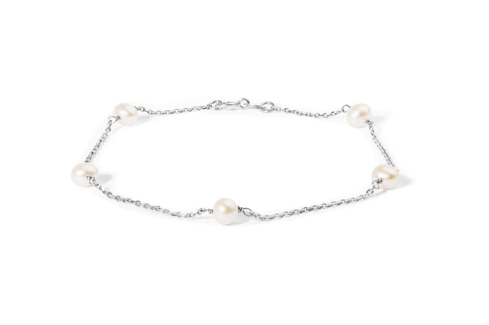 14K White Gold Cultured White Freshwater Pearl Station Bracelet