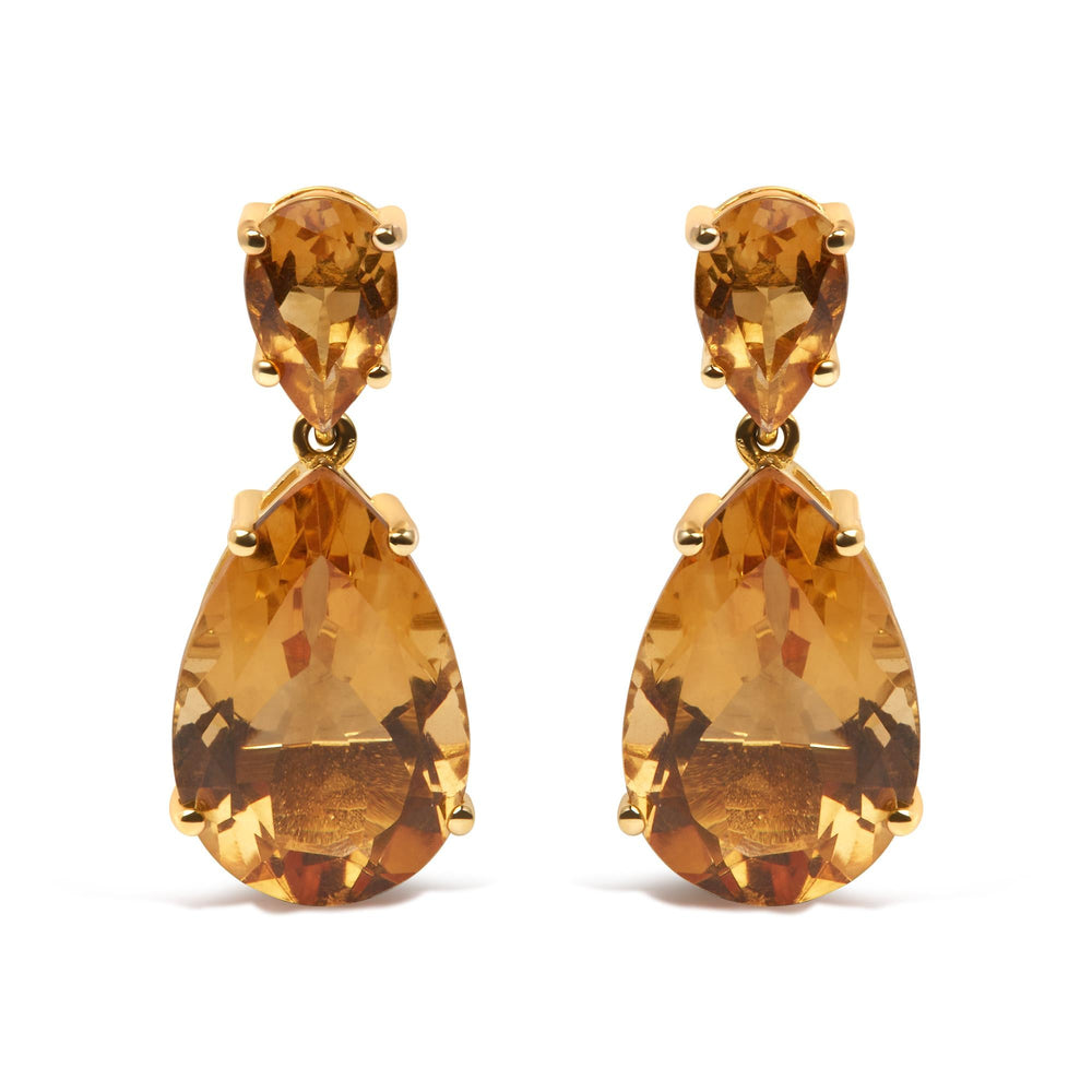 10K Yellow Gold Plated .925 Sterling Silver 12 1/3 Cttw Pear Shaped Orange Citrine Dangle Double Drop Stud Earring