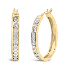14K Yellow Gold Plated .925 Sterling Silver 1/4 Cttw Diamond Channel Set Style Hoop Earrings
