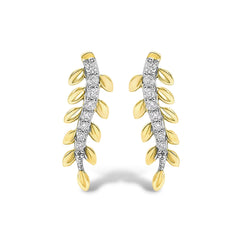 14K Yellow Gold 1/10 Cttw Diamond Leaf Drop Stud Earrings