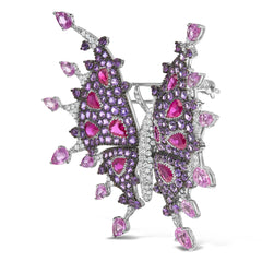 18K White Gold 1.00 Cttw Diamond, Ruby Sapphire, and Amethyst Mixed Gemstone Butterfly Brooch Pin (G-H Color, VS1-VS2 Clarity)