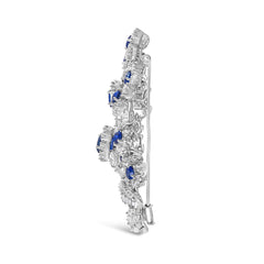 Platinum Blue Sapphire and 12.00 Cttw Diamond Floral Bouquet Brooch Pin