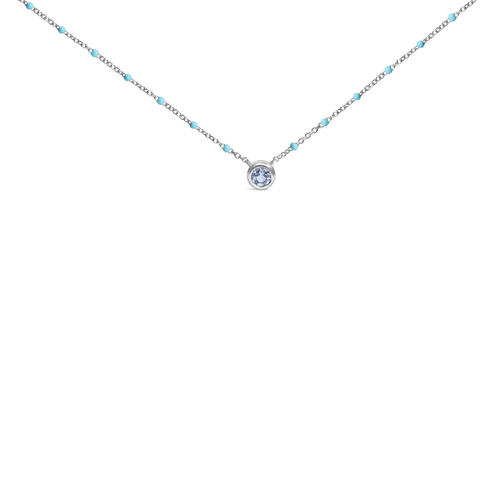 Sterling Silver Bezel Set Light Blue Aquamarine and Enamel Bead Chain Necklace