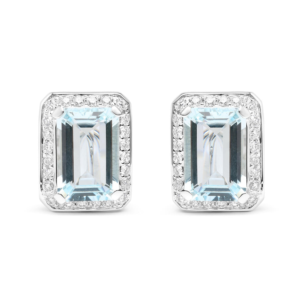 18K White Gold 3/4 Cttw Round Diamond and 13x9mm Emerald Cut Blue Aquamarine Gemstone Halo Omega Stud Earrings (G-H Color, SI1-SI2 Clarity)
