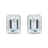 18K White Gold 3/4 Cttw Round Diamond and 13x9mm Emerald Cut Blue Aquamarine Gemstone Halo Omega Stud Earrings (G-H Color, SI1-SI2 Clarity)
