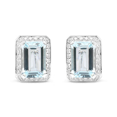 18K White Gold 3/4 Cttw Round Diamond and 13x9mm Emerald Cut Blue Aquamarine Gemstone Halo Omega Stud Earrings (G-H Color, SI1-SI2 Clarity)