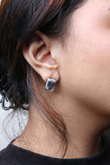 18K White Gold 3/4 Cttw Round Diamond and 13x9mm Emerald Cut Blue Aquamarine Gemstone Halo Omega Stud Earrings (G-H Color, SI1-SI2 Clarity)