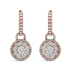 18K Rose Gold 1 1/2 Cttw Round Shaped Diamond Composite Drop and Dangle Leverback Earrings (F-G Color, VS1-VS2 Clarity)