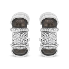 18K White Gold Flash Plated .925 Sterling Silver Clear Graphite Grey Enamel 5/8 Cttw Round Diamonds Huggie Hoop Earrings (F-G Color, VS1-VS2 Clarity)