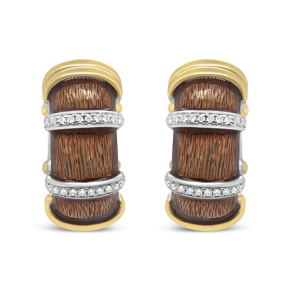 18K Yellow and White Gold Flash Plated .925 Sterling Silver Clear Brown Enamel 9/10 Cttw Round Diamonds Huggie Hoop Earrings (F-G Color, VS1-VS2 Clarity)