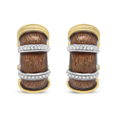 18K Yellow and White Gold Flash Plated .925 Sterling Silver Clear Brown Enamel 9/10 Cttw Round Diamonds Huggie Hoop Earrings (F-G Color, VS1-VS2 Clarity)