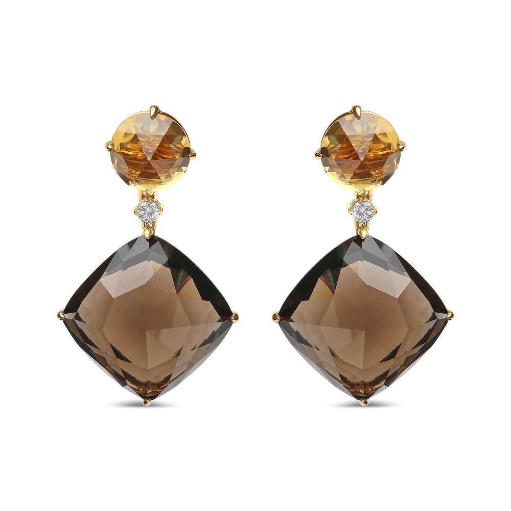 18K Yellow Gold 1/5 Cttw Diamond with Round Yellow Citrine and 25mm Cushion Cut Smoky Quartz Gemstone Dangle Earring (G-H Color, SI1-SI2 Clarity)