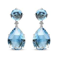 18K White Gold 1/5 Cttw Diamond with Round London Blue Topaz and 20 x 15mm Pear Cut Sky Blue Topaz Gemstone Dangle Earring (G-H Color, SI1-SI2 Clarity)