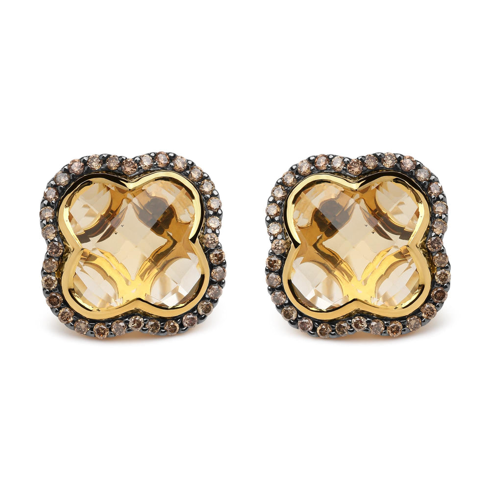 18K Yellow Gold 1/2 Cttw Brown Diamond and 11x11mm Clover-Cut Yellow Citrine Gemstone Clover Halo Stud Earrings (Brown Color, SI1-SI2 Clarity)