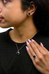 Sterling Silver Cushion Onyx 3-Piece Jewelry Set Ring Earrings Pendant 18 Inch Cable Chain