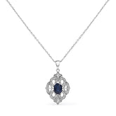 .925 Sterling Silver 7x5 MM Oval Blue Sapphire and Diamond Accent Art Deco Style Shield Shaped 18" Pendant Necklace (I-J Color, I3 Clarity)