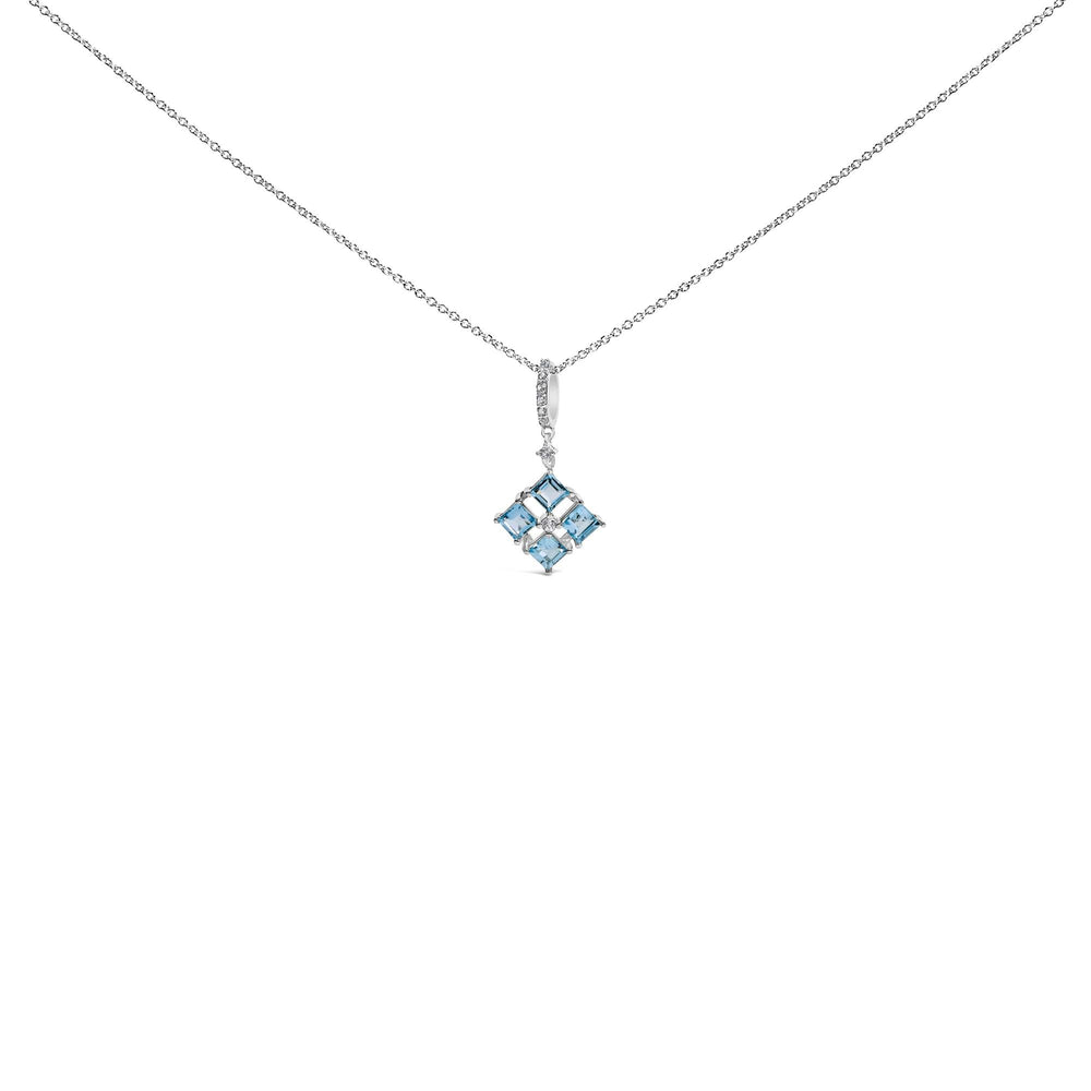 Sterling Silver Blue Topaz and White Sapphire Square Motif Pendant Necklace 18 Inch