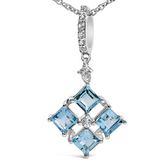 Sterling Silver Blue Topaz and White Sapphire Square Motif Pendant Necklace 18 Inch