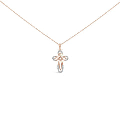 10K Rose Gold Plated Sterling Silver 1/6 Cttw Diamond Double Loop Cross Pendant Necklace