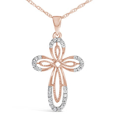 10K Rose Gold Plated Sterling Silver 1/6 Cttw Diamond Double Loop Cross Pendant Necklace