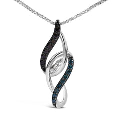 Sterling Silver 1/4 Cttw Black Blue White Diamond Linear Swirl Pendant Necklace