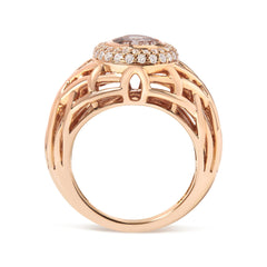 14K Rose Gold Oval Cut Light Pink Morganite and 3/8 Cttw Diamonds Halo and Basket Weave Cocktail Ring (G-H Color, SI1-SI2 Clarity) - Size 7