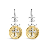 18K Yellow Gold Plated .925 Sterling Silver 1/8 Cttw Diamond Hammered Finished Medallion with Cross Drop and Dangle Earrings (I-J Color, SI1-SI2 Clarity)