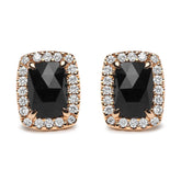 18K Rose and White Gold 1/4 Cttw Round Diamond and 8x6mm Cushion Cut Black Onyx Gemstone Halo Stud Earrings (G-H Color, SI1-SI2 Clarity)