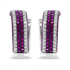 18K White Gold 1 7/8 Cttw Diamond and 1mm Round Red Ruby Open Swish Hoop Earrings (F-G Color, VS1-VS2 Clarity)
