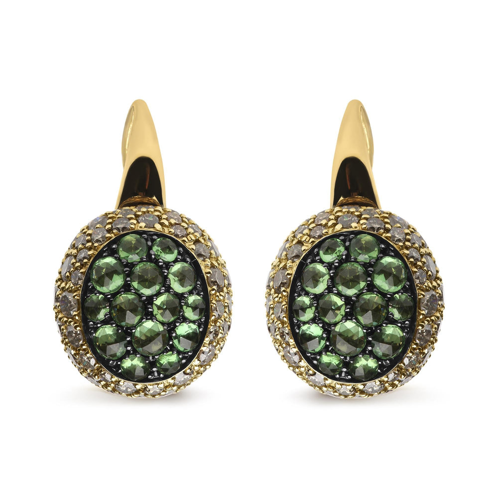18K Yellow Gold 3 1/2 Cttw Diamond and Round Green Tsavorite Gemstone Round Domed Drop Hoop Earrings (Brown Color, SI1-SI2 Clarity)