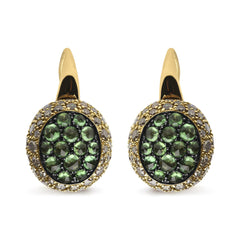 18K Yellow Gold 3 1/2 Cttw Diamond and Round Green Tsavorite Gemstone Round Domed Drop Hoop Earrings (Brown Color, SI1-SI2 Clarity)