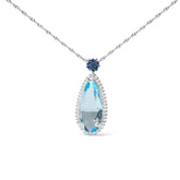 18K White Gold 3/8 Cttw Pave Set Diamond and Sky Blue Topaz and Blue Sapphire Gemstone Floral Teardrop Halo 18" Pendant Necklace (G-H Color, SI2-I1 Clarity)