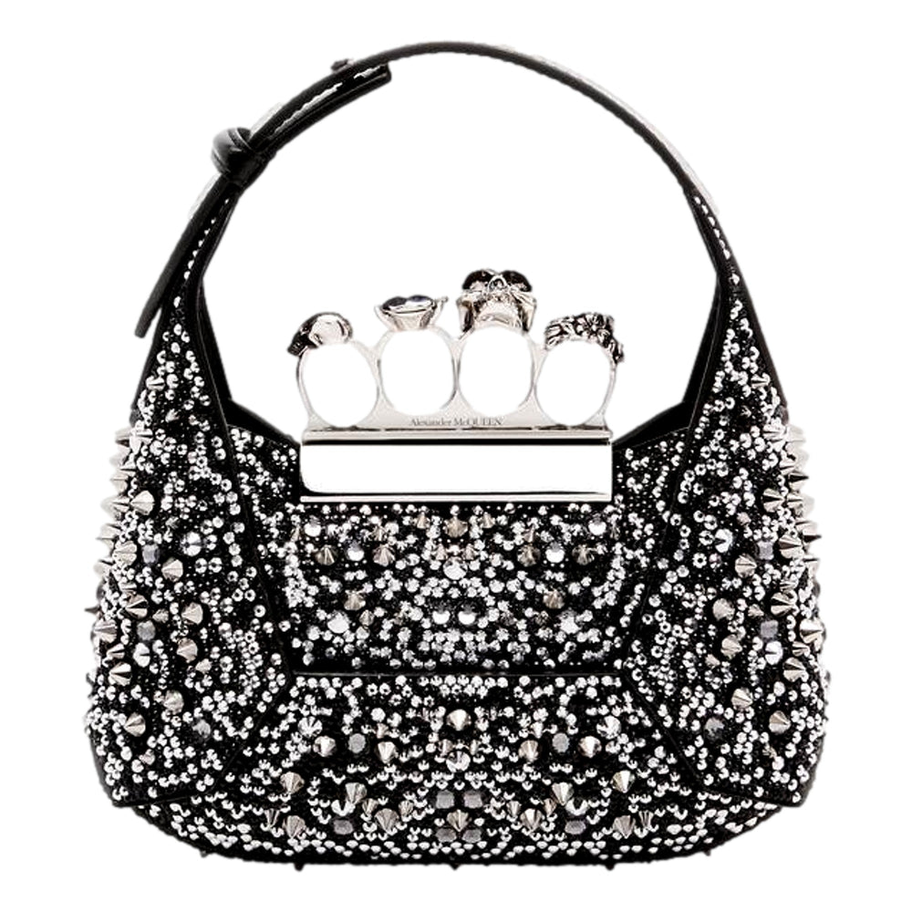 Alexander McQueen Crystal Jewelled Hobo Bag Black Skull Knuckle Handle