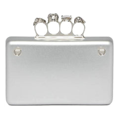 Alexander McQueen The Knuckle Silver Metallic Leather Zip Around Crossbody Bag Skull