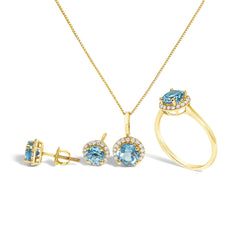 10K Gold Gemstone and 3/8 Cttw Diamond Halo Jewelry Set (Earrings, Pendant & Ring)