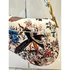 Dior Saddle Floral Bird Print Leather Crossbody Bag with Gold Charm