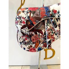 Dior Saddle Floral Bird Print Leather Crossbody Bag with Gold Charm