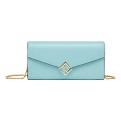 Fendi FF Diamonds Light Blue Calfskin Leather Continental Wallet on Chain Gold Hardware